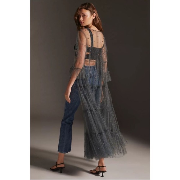 Anthropologie Elizabeth Gillett Embellished Beaded Mesh Tulle Duster One Size - Picture 4 of 13